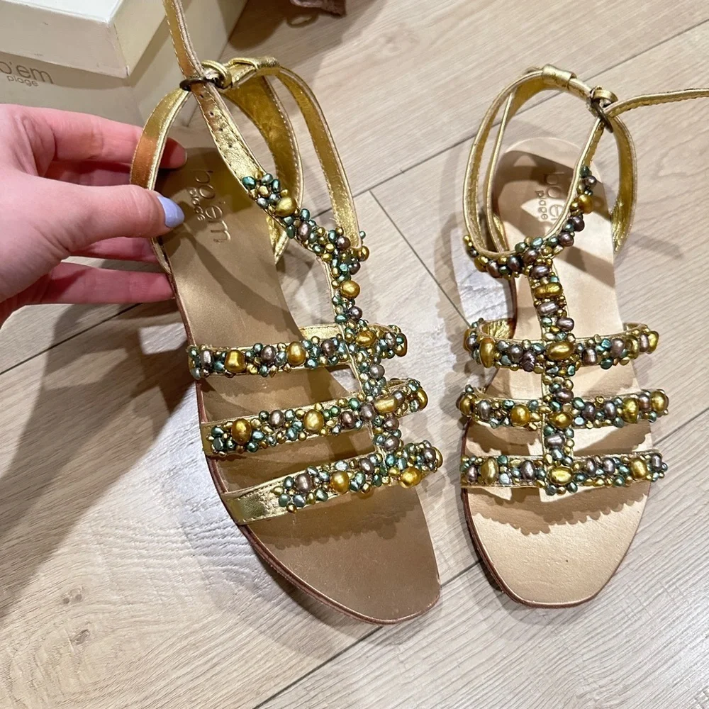 BO'EM Plage Italy Gold Hand Beaded Multi-Colored Faux-Pearl Sandals size‎ 38